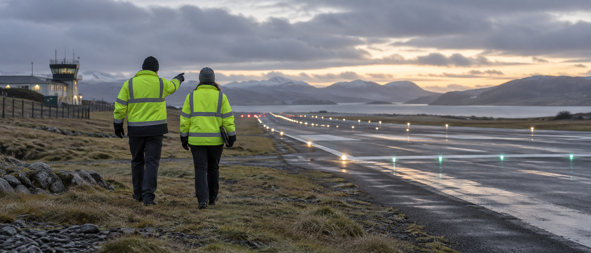 Airfield technical specialists walking beside a runway at dawn
